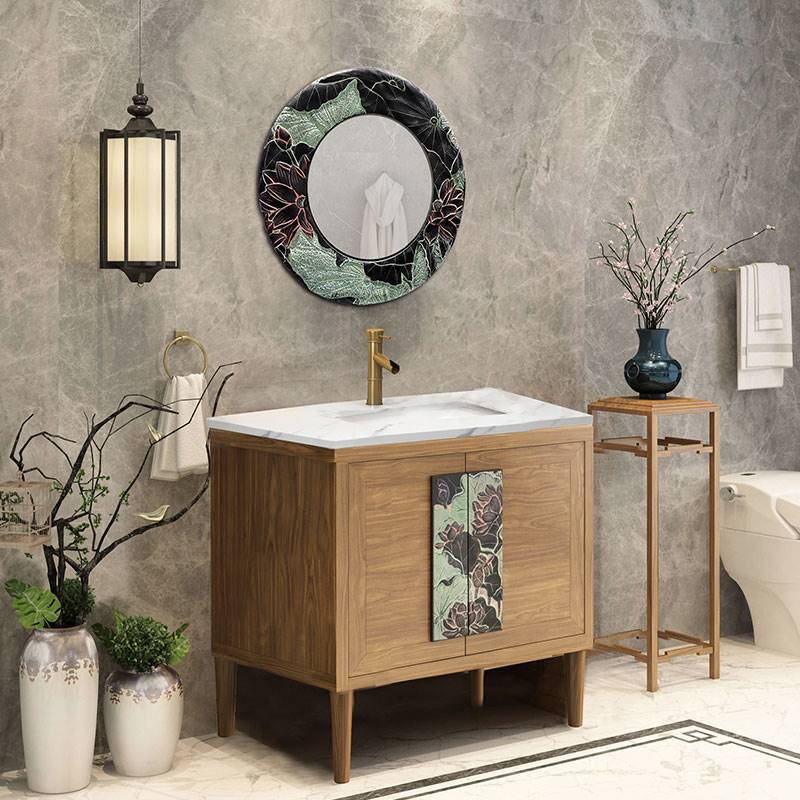 适用于现代中式浴室柜组合落地古典仿复古卫浴柜橡木洗漱台洗手脸