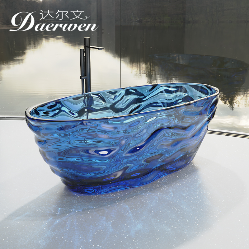 达尔文透明水晶树脂浴缸定制颜色水波纹一体成型独立式人造石浴缸