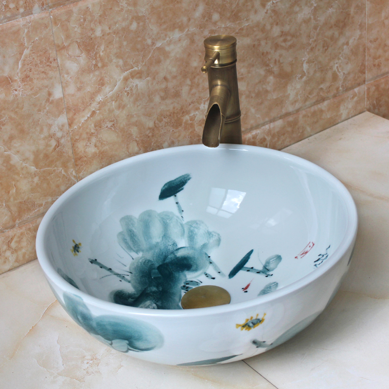 卫生间陶瓷洗手盆台上盆户外洗脸盆洗漱面池家用中式复古圆形单盆