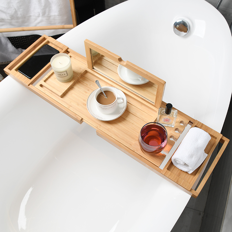 竹浴缸置物架多功能伸缩防滑浴室浴缸架酒店民宿卫生间木桶置物板
