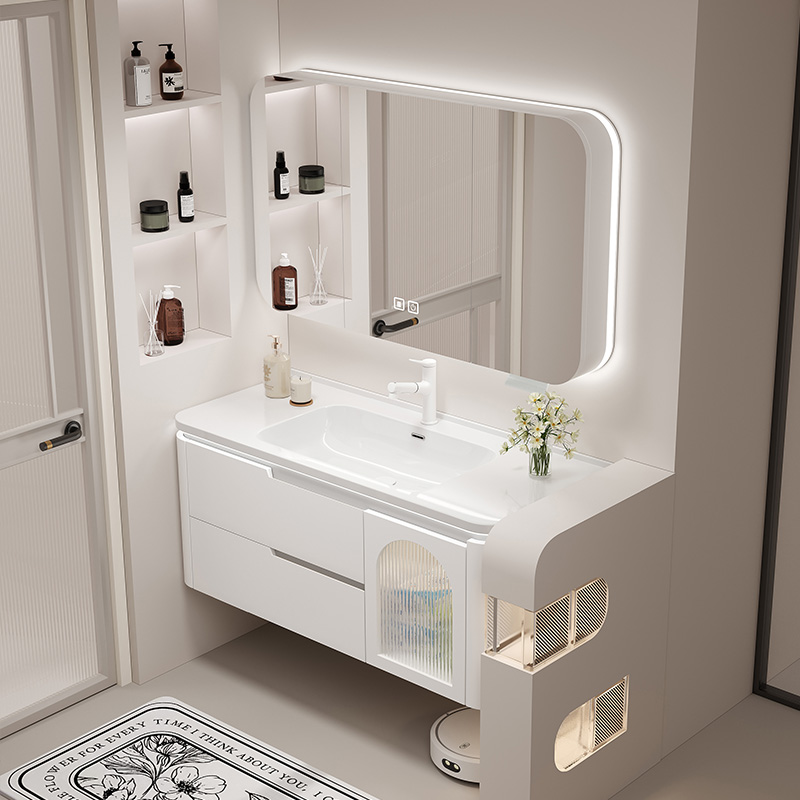 简约奶油风圆角陶瓷一体盆智能橡木烤漆浴室柜组合洗手池洗脸盆柜