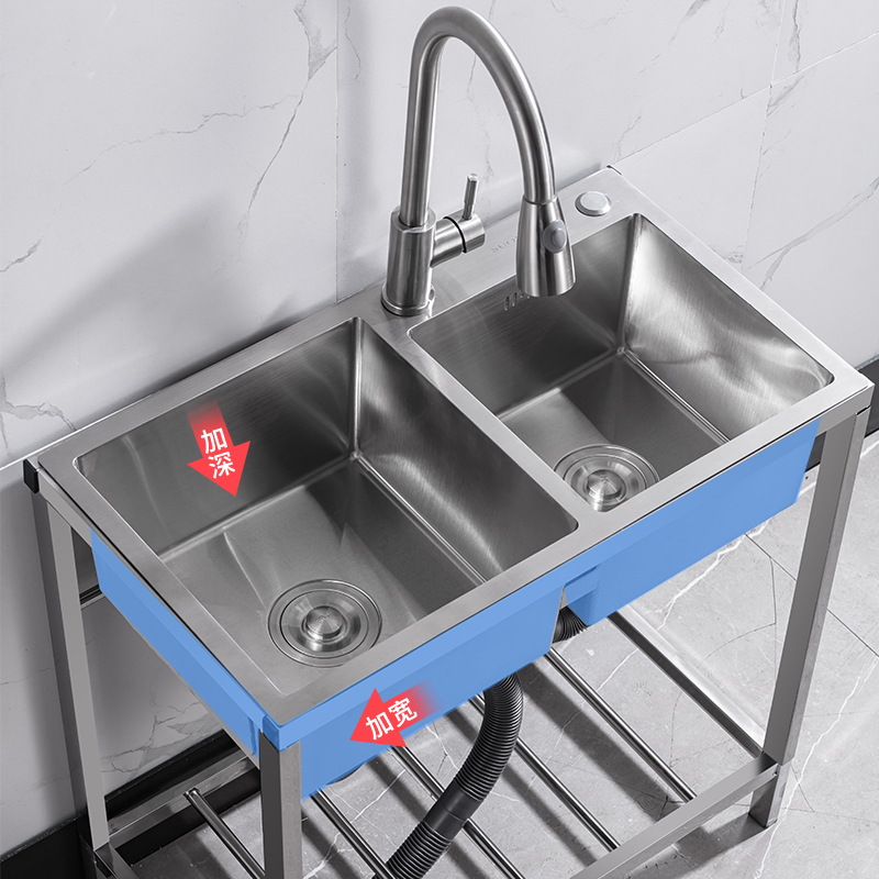 不锈钢洗菜盆厨房水槽双槽手工水池带支架洗碗槽家用加厚洗手盆