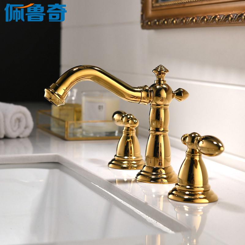 欧式金色黄铜三孔面盆龙头8寸分体式冷热3孔美式浴室水龙头台下盆