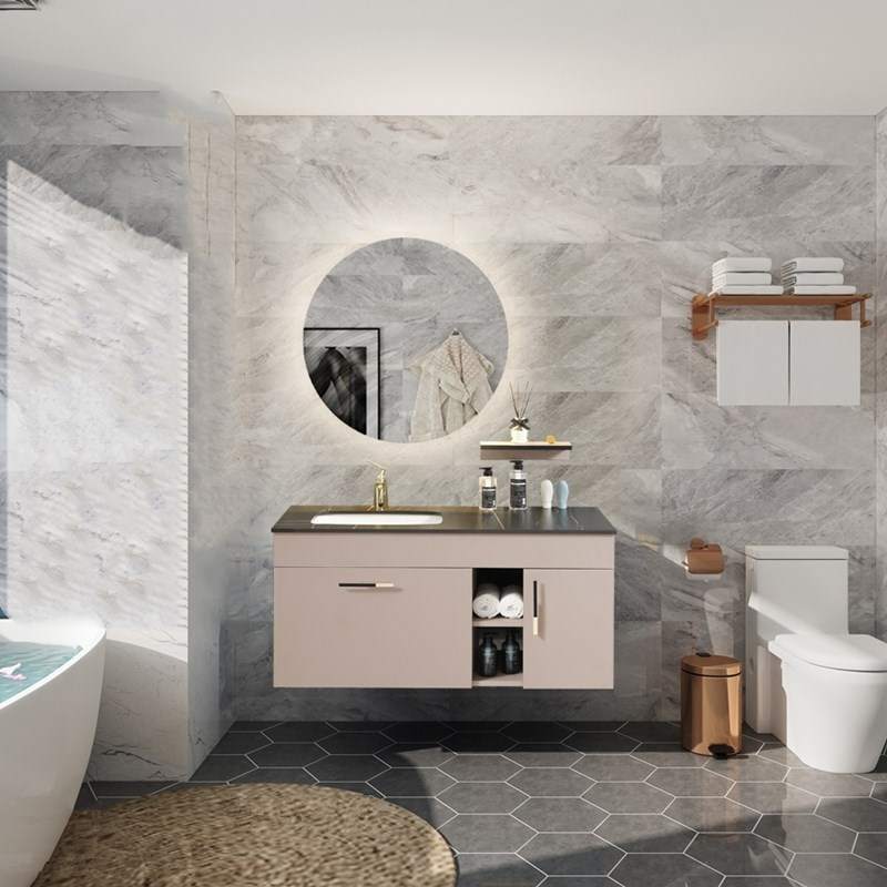 岩板卫浴套装轻奢浴室柜组合ins现代简约脏粉色实木洗手台盆柜