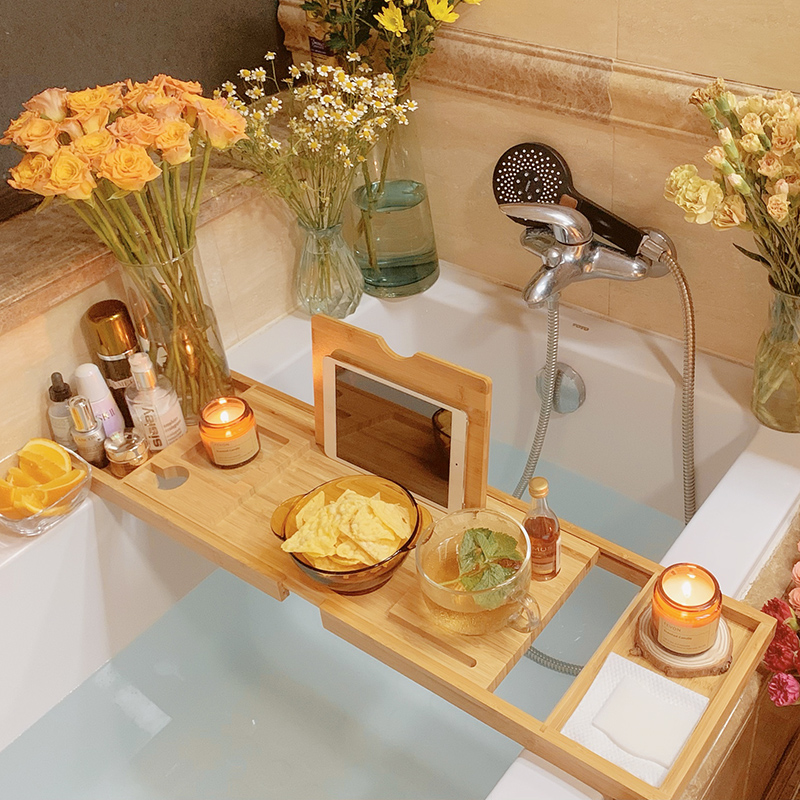 欧式竹浴缸架轻奢伸缩防滑浴室浴缸置物架子卫生间泡澡木桶置物板