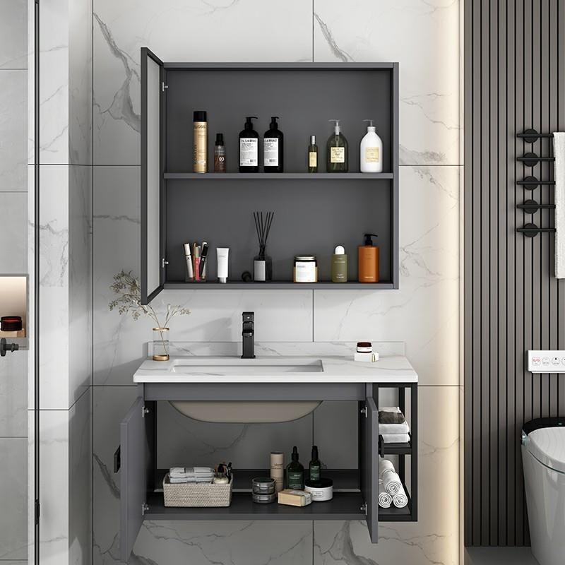 悬挂式太空铝浴室柜组合洗手盆卫生间洗漱台岩板卫浴柜边柜智能镜