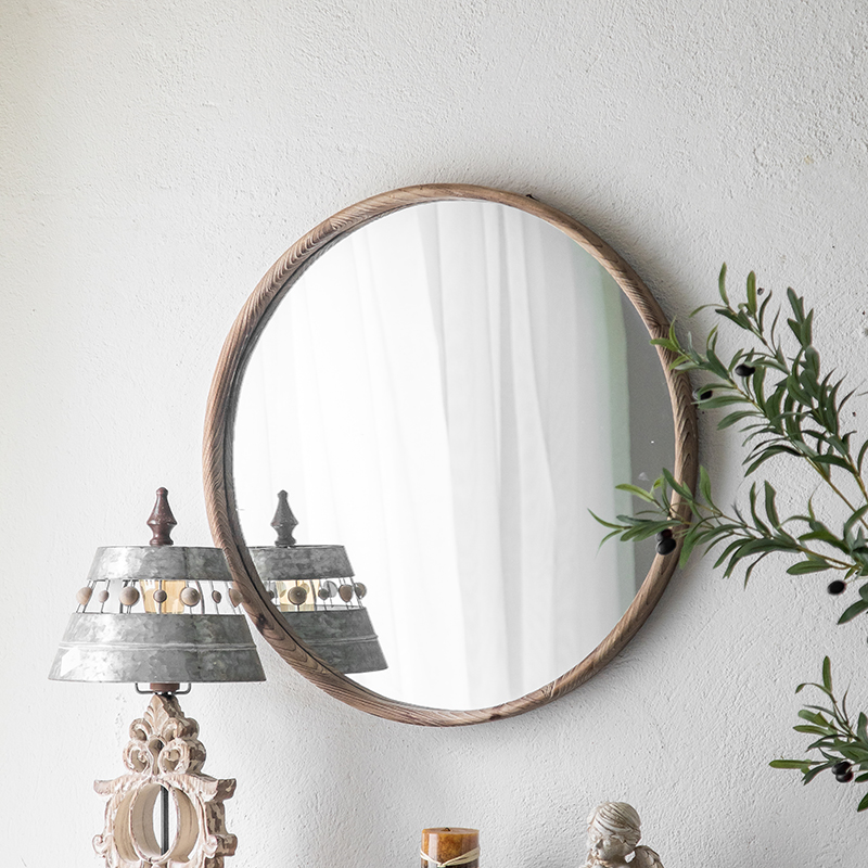 艺术壁挂贴墙卫生间圆形镜子复古卫浴镜挂墙大圆镜原木做旧装饰镜