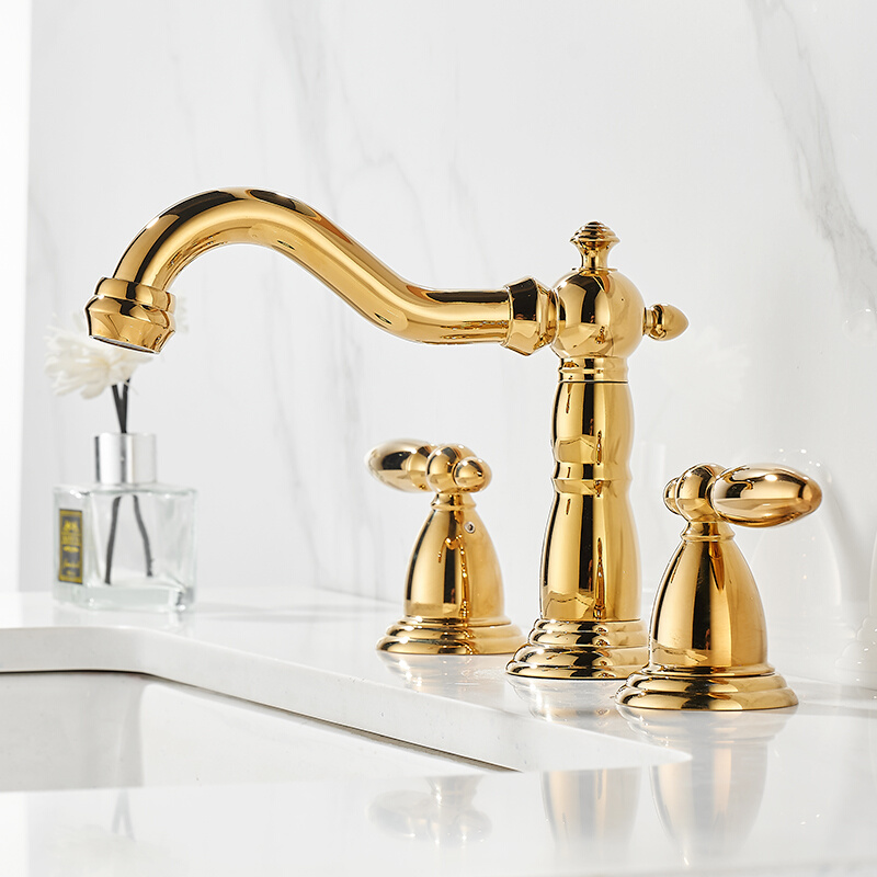 新款金色全铜面盆水龙头三孔分体冷热卫生间浴室柜洗脸洗手盆简约
