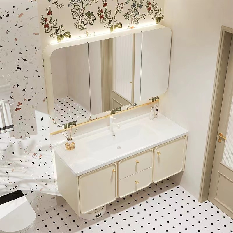 奶油风橡木烤漆浴室柜组合陶瓷一体盆卫生间洗漱台洗手池洗脸盆柜