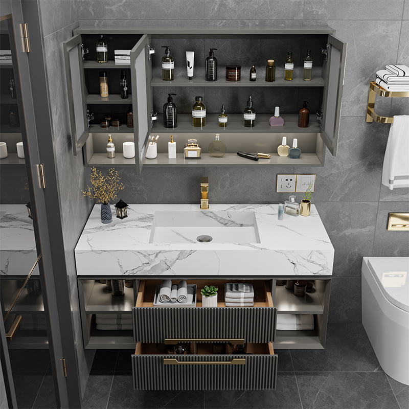 简约岩板一体台盆浴室柜组合现代轻奢卫生间洗漱台洗脸洗手台盆柜