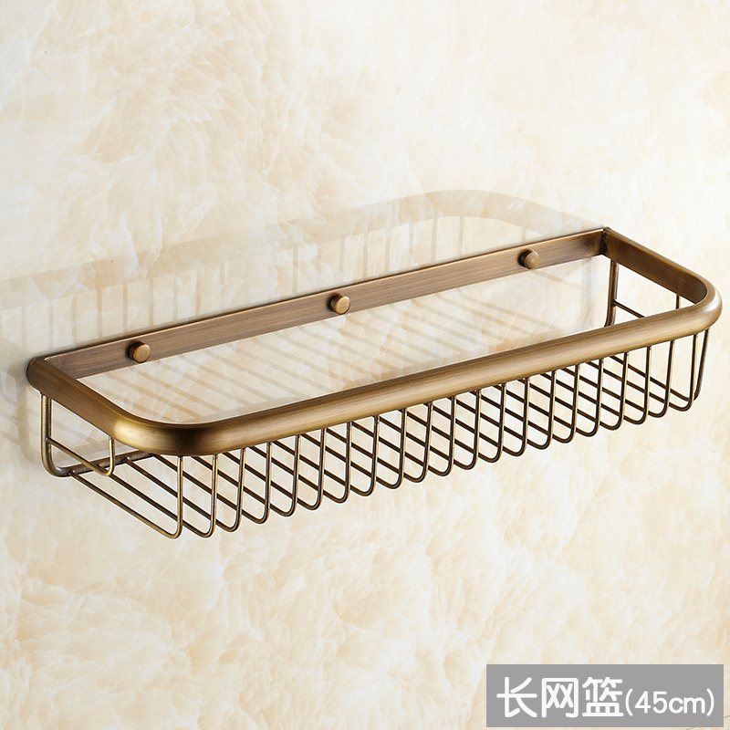高档全铜欧式浴室置物架挂件方形仿古卫生间收纳架网篮卫浴壁挂免