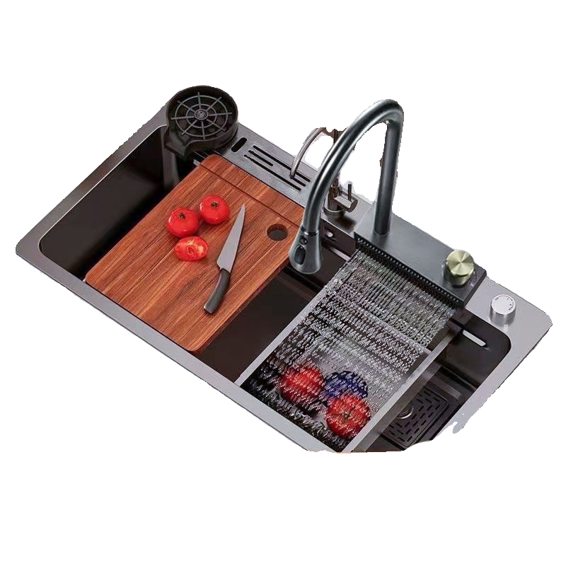 厨房多功能加厚手工刀架瀑布水槽纳米不锈钢洗碗池大单槽洗菜盆