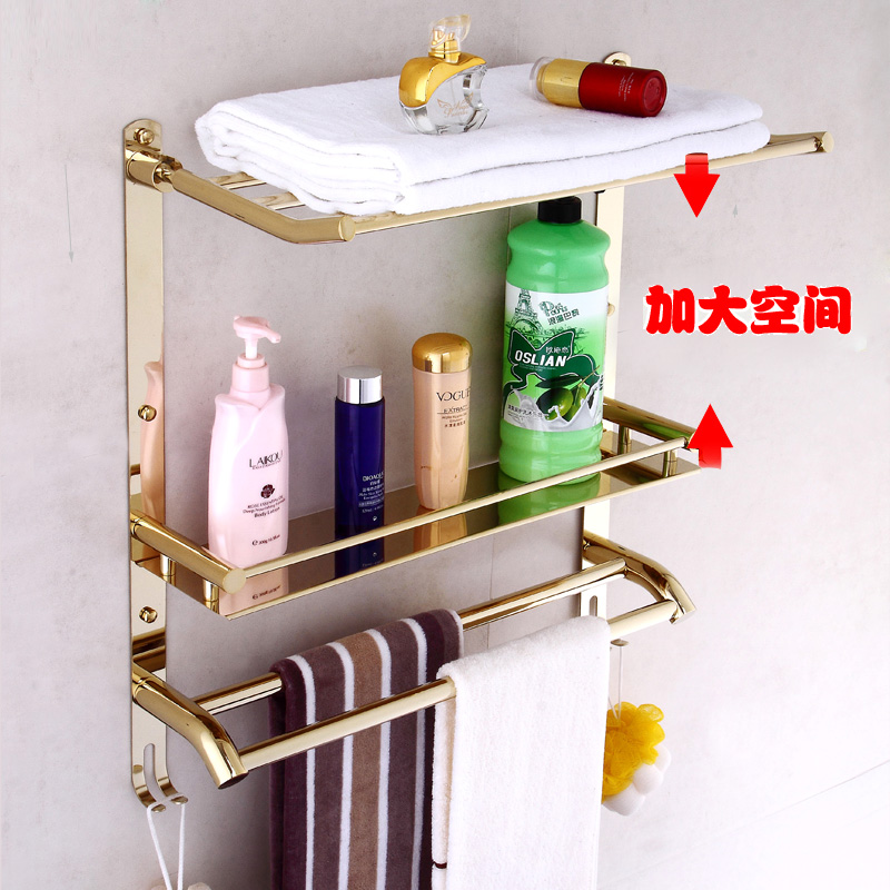 浴室不锈钢壁挂折叠2层置物架卫浴双层毛巾架金色卫生间浴巾架子