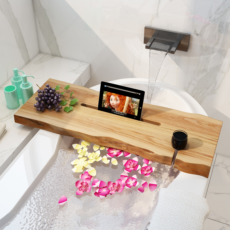 浴缸置物架原木一字隔板实木收纳架澡盆浴缸边隔板多功能木板定制
