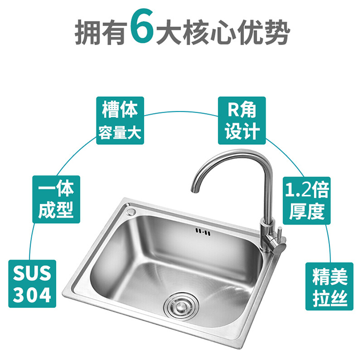 厨房水槽单槽SUS304不锈钢洗菜盆大水池拉丝加厚洗碗槽小单盆套餐