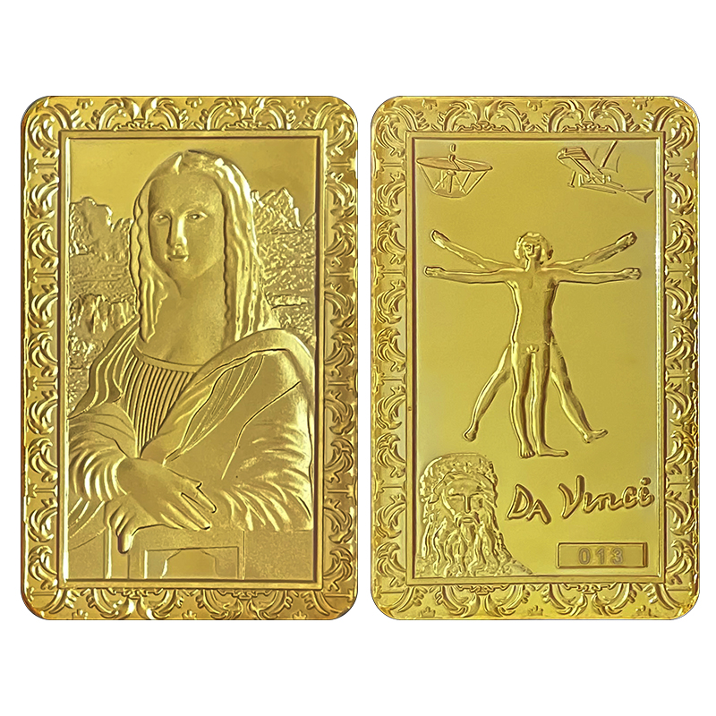 蒙娜丽莎如意牌纪念金块 达芬奇名作金属工艺品镀金硬币装饰摆件