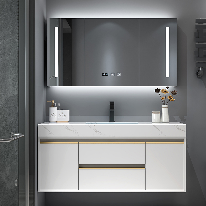 轻奢岩板浴室柜智能镜组合现代简约卫生间一体定制洗脸盆手台漱池