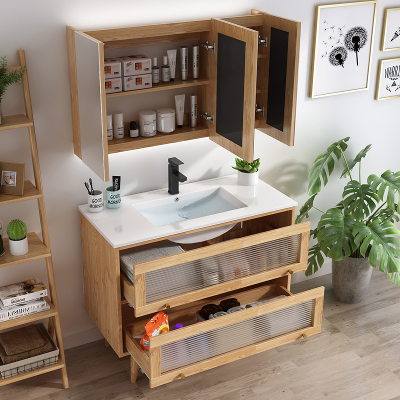 日式北欧现代简约实木浴室柜组合落地式洗脸洗手池洗漱台盆卫生间
