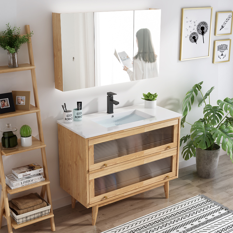 日式北欧现代简约实木浴室柜组合落地式洗脸洗手池洗漱台盆卫生间
