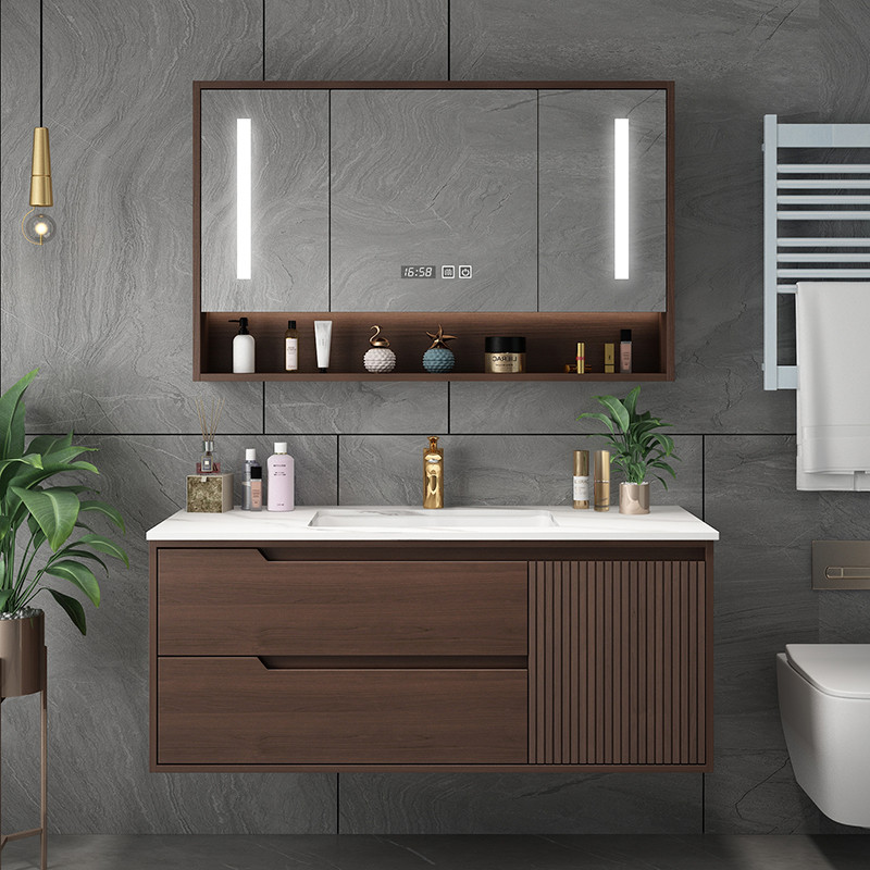 新中式橡木浴室柜组合实木岩板洗脸盆智能洗漱台卫生间卫浴柜定制