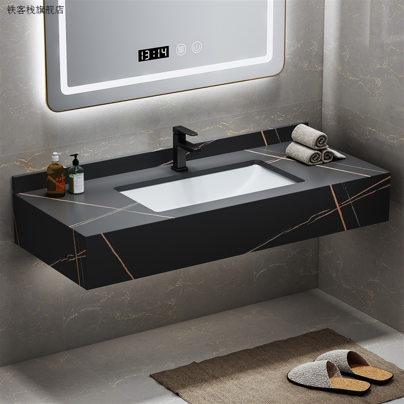 新款岩板一体台盆浴室柜组合洗脸盆壁挂式洗手台大理石洗漱台悬空