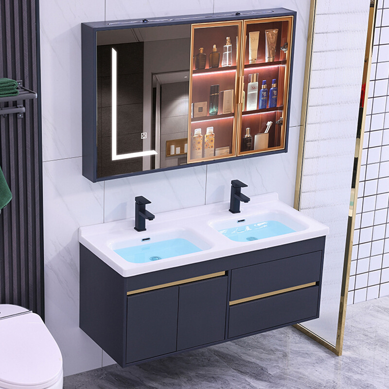 27IK现代简约智能实木双盆浴室柜组合柜陶瓷一体洗手洗脸双龙头洗