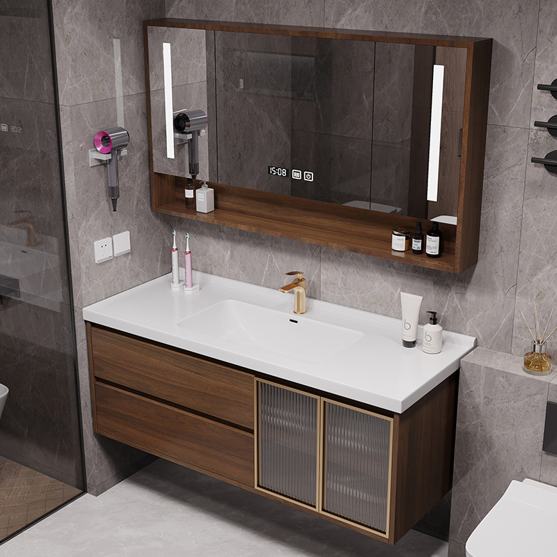新中式胡桃木色陶瓷一体盆浴室柜组合卫生间洗手盆洗脸盆柜洗漱台