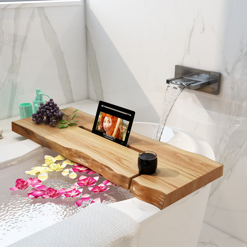 浴缸置物架原木一字隔板实木收纳架澡盆浴缸边隔板多功能木板定制