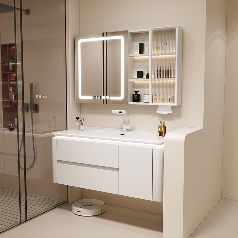 简约奶油风陶瓷一体智能浴室柜镜柜组合卫生间收纳洗漱台洗脸盆