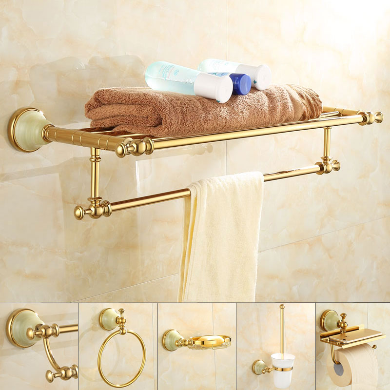 思洁诺雅欧式全铜天然玉石毛巾架浴巾架置物浴室五金挂件金色套装