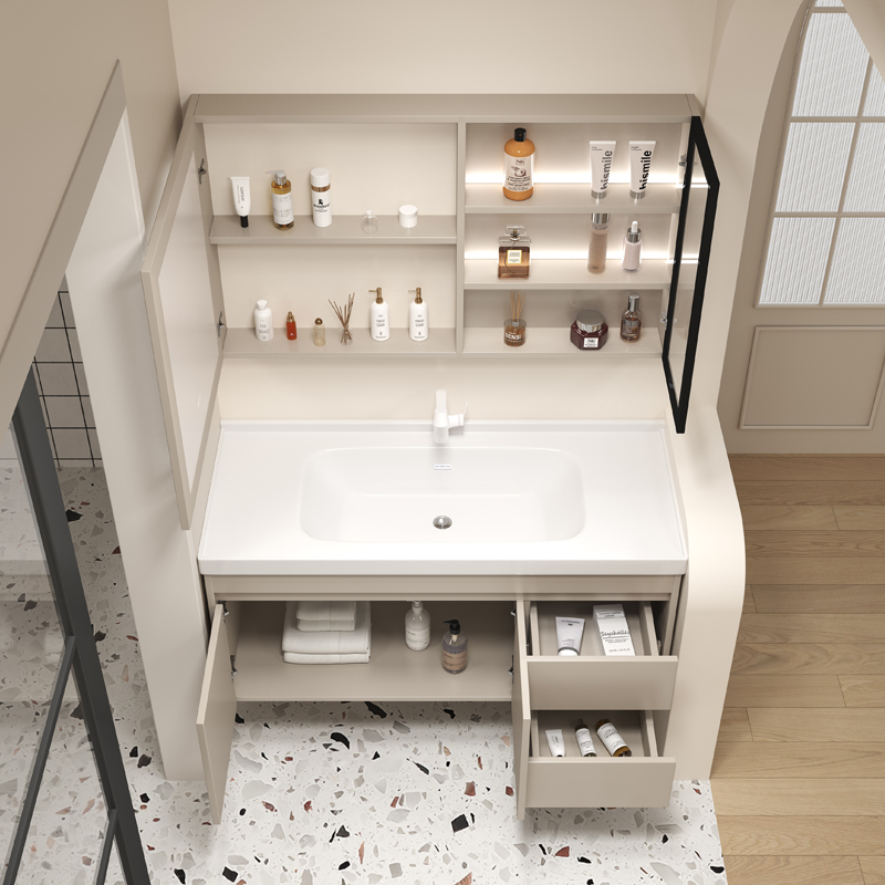欧罗芬浴室柜组合奶油风一体陶瓷盆现代简约洗脸洗手盆柜洗漱台