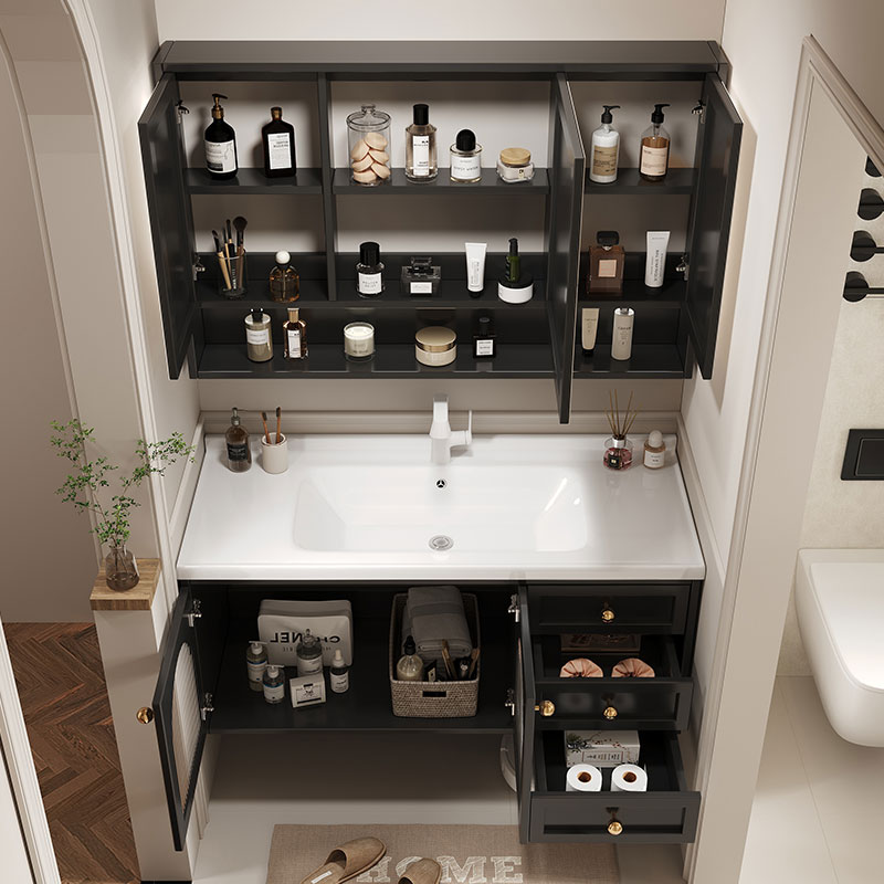 法式橡木浴室柜组合洗手智能洗漱台陶瓷一体洗脸盆实木卫生间套装