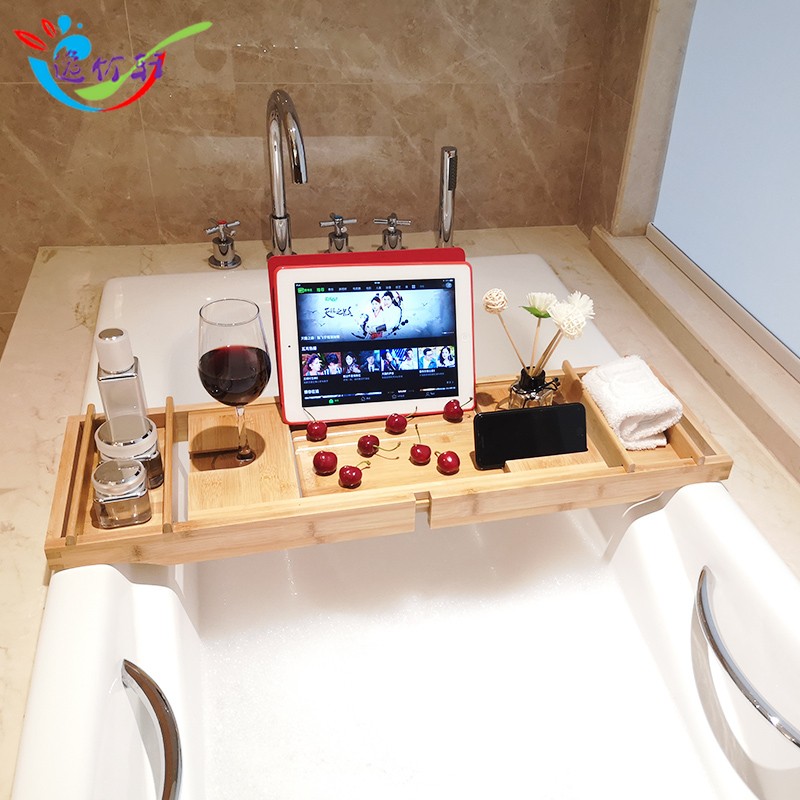 浴缸架竹制伸缩防m滑浴缸支架卫生间泡澡置物架手机平板支架浴盆