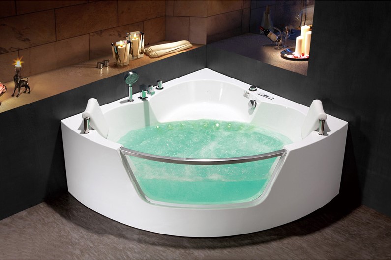 亚克力三角扇形冲浪按摩浴缸珍珠板珠光板玻璃浴缸泡泡浴恒温加热