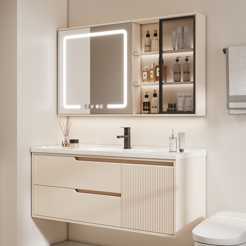 新款奶油风智能浴室柜组合陶瓷一体盆卫生间网红洗漱台洗手洗脸盆