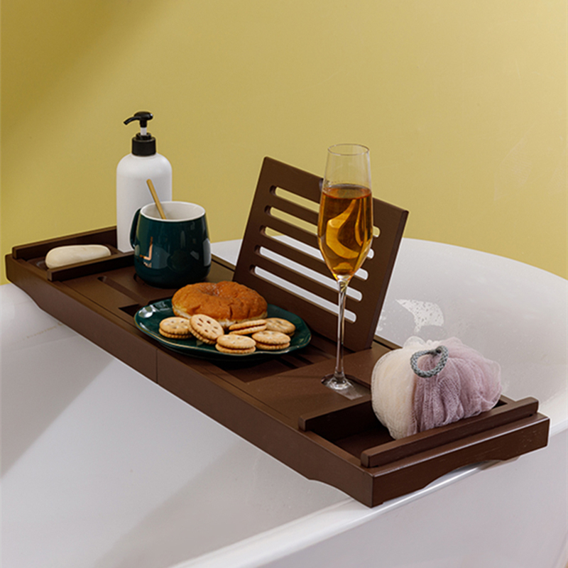 诺宝尼棕色欧式浴缸架可伸缩酒店置物架竹木浴缸托盘免打孔泡澡架