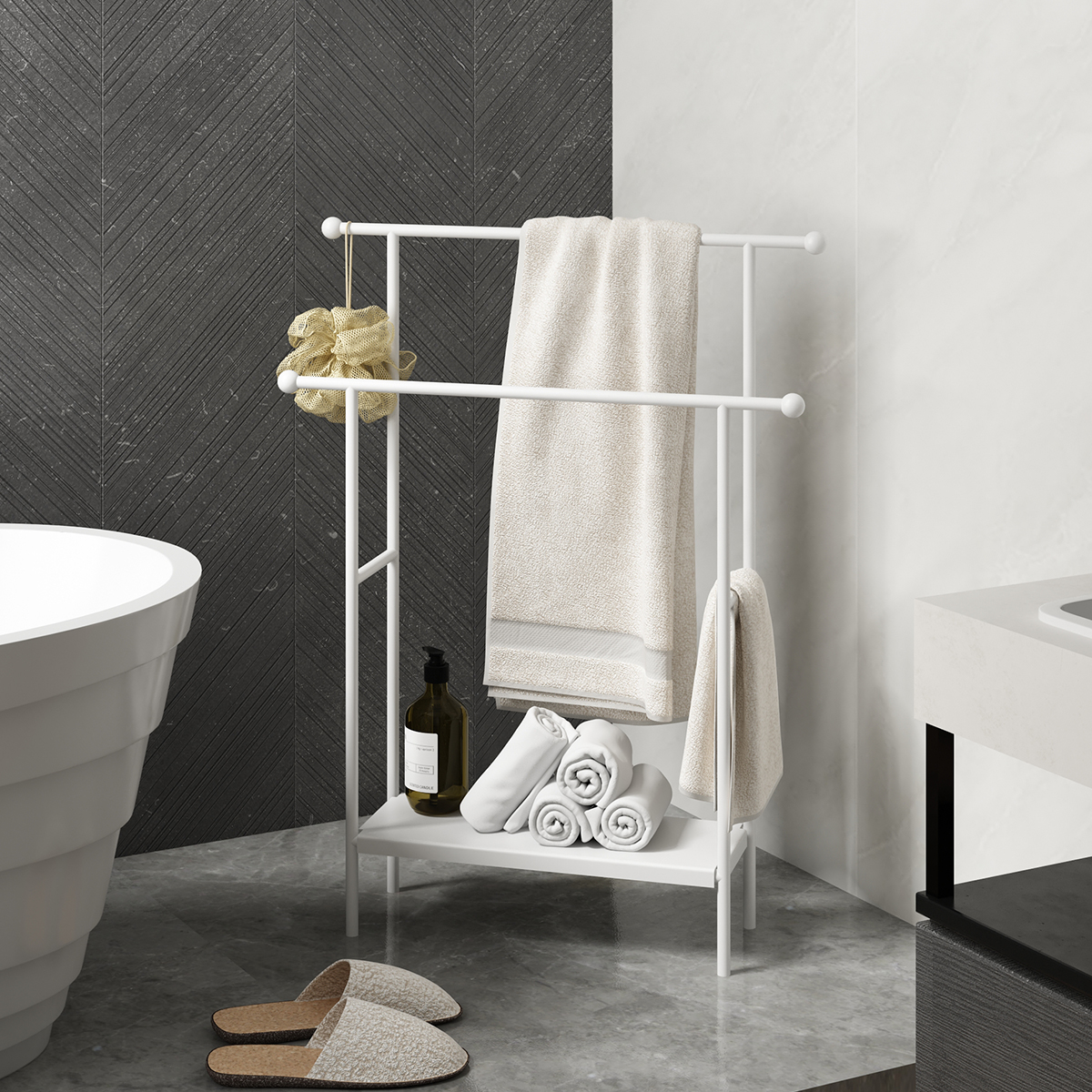 北欧风家用卫生间落地式浴缸边毛巾架浴巾架可移动多功能置物架子