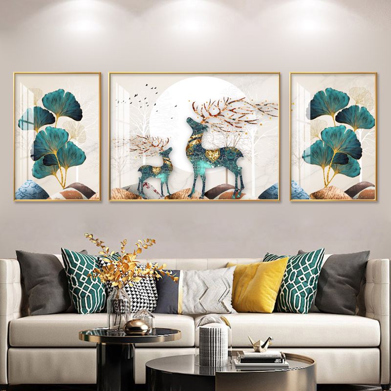 客厅沙发背景墙挂画装饰画现代简约抽象北欧轻奢壁画三联晶瓷壁画