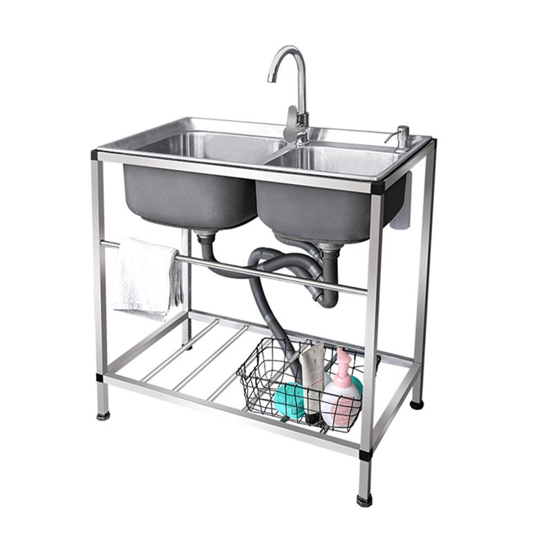 加厚不锈钢洗菜盆厨房水槽双槽简易带支架家用水池洗手洗碗槽304