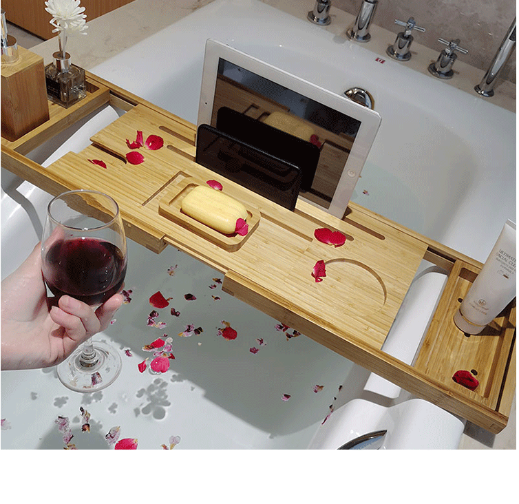 竹木浴缸架浴室伸缩泡澡手机支架浴盆盖板木桶收纳搁板浴缸置物架