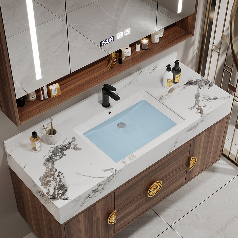卫生间现代简约新中式岩板浴室柜组合洗脸手盆轻奢实木洗漱台定制