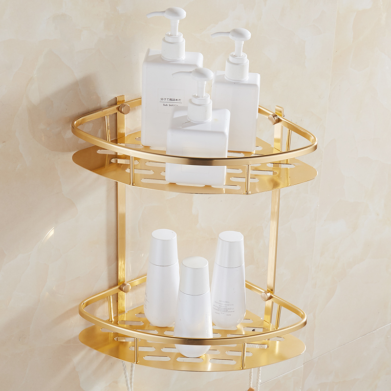 新款免打孔浴室置物架欧式钛金色太空铝卫生间收纳架卫浴三角篮架