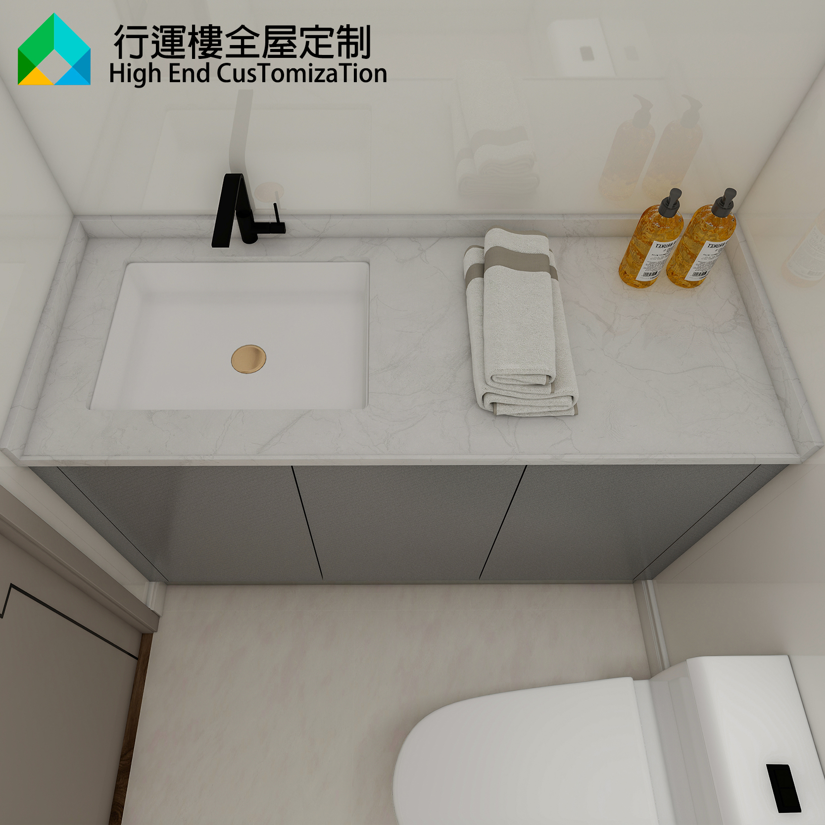 香港全屋定制公屋小戶型浴室洗手台訂造石英石陶瓷洗手盆帶龍頭