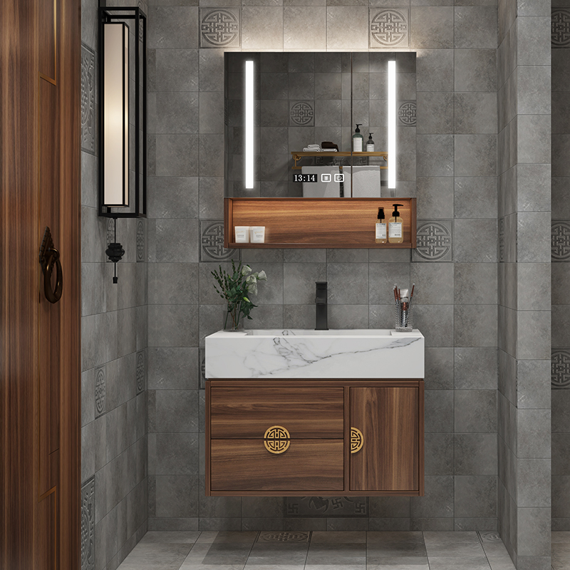 新中式实木大理石浴室柜智能组合卫生间洗手池洗脸盆柜洗漱台定制