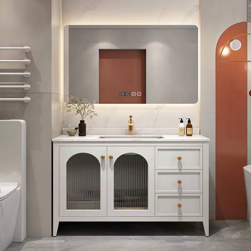 6B76美式岩板双盆浴室柜组合橡木洗漱台轻奢卫生间落地洗手台洗脸