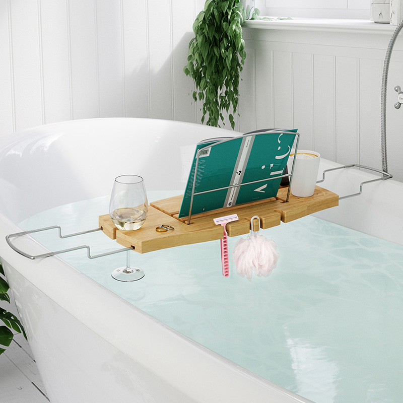umbra浴缸置物架防滑可伸缩移动竹木泡澡置物伴侣浴室浴桶支架子