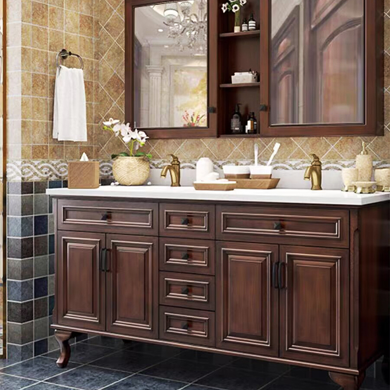 美式橡木浴室柜组合落地式大理石洗手洗脸盆洗漱台卫生间卫浴镜柜