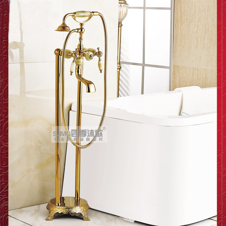 欧式铜仿古金色落地式浴缸龙头木桶缸边立式贵妃浴缸边冷热水龙头